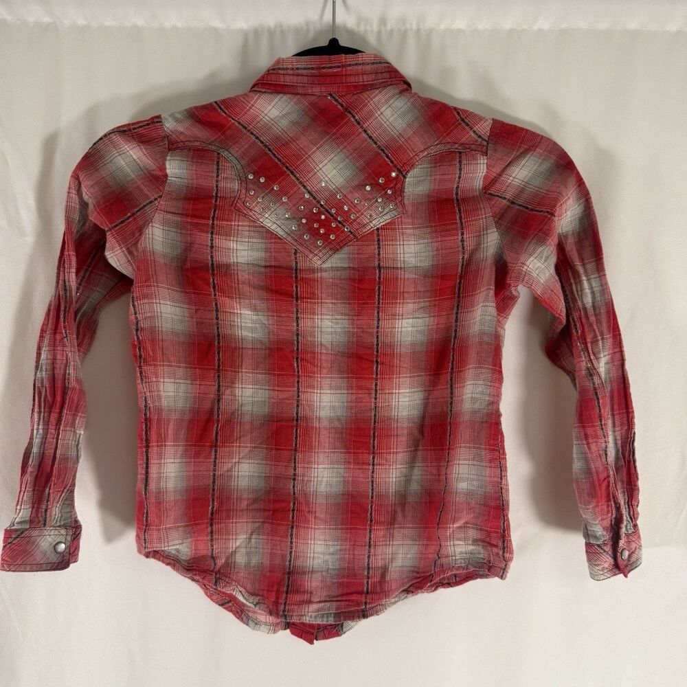 Roper Western Pearl Snap Shirt Girls Small Embellished Red Metallic Plaid Long S - Picture 6 of 7